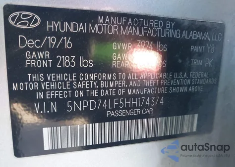 2017 Hyundai Elantra Se z USA, uszkodzony, nr VIN 5NPD74LF5HH174374
